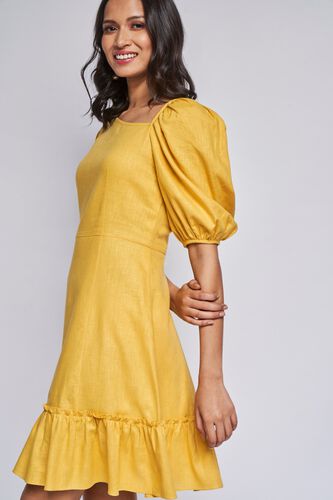 Yellow Solid Flounce Dress, Yellow, image 3