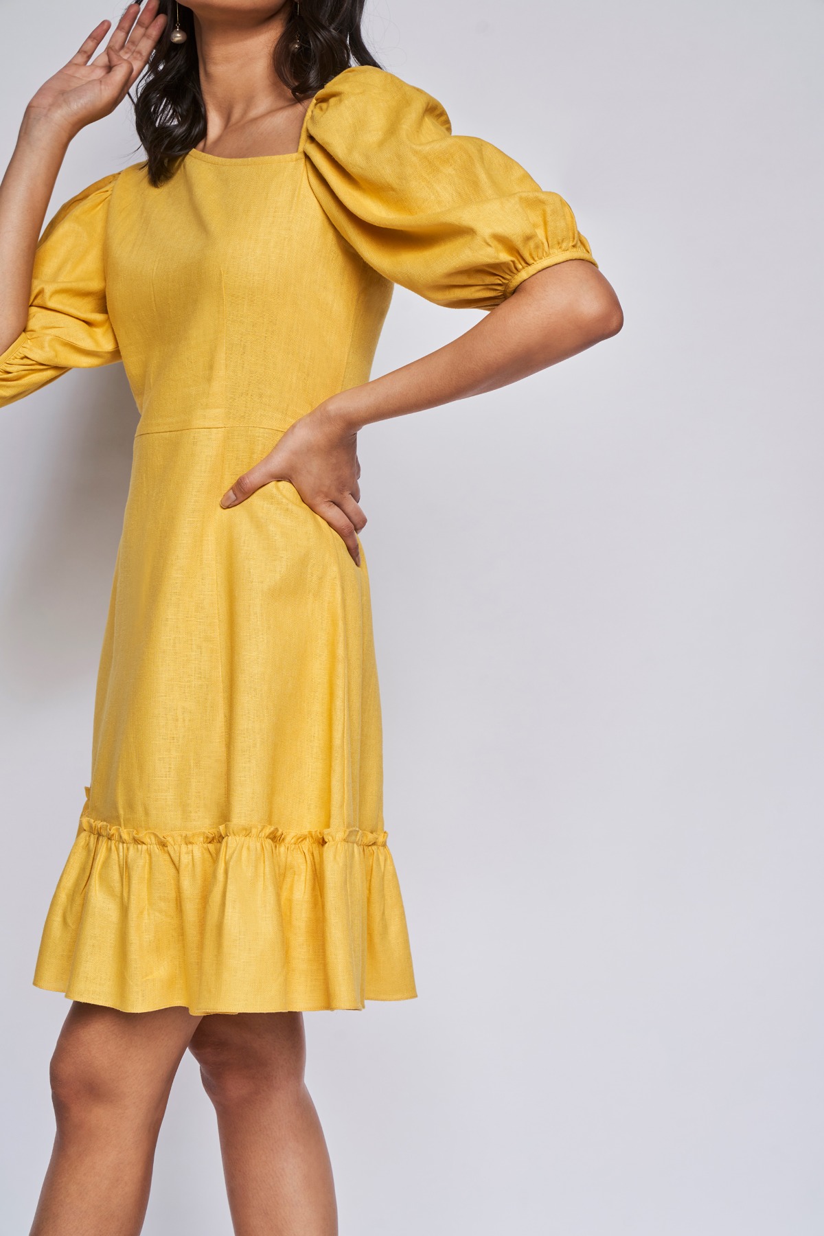 Yellow Solid Flounce Dress, Yellow, image 4